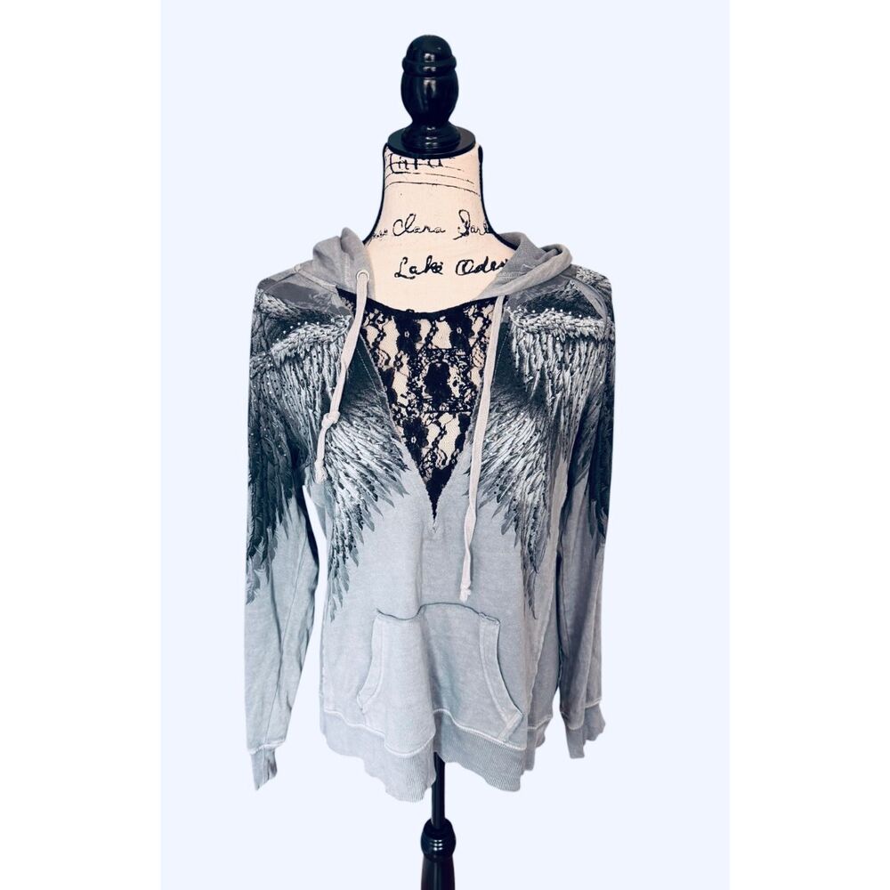 Affliction Live Fast Hoodie Large Gray Angel Wings Lace Rhinestone Y2K